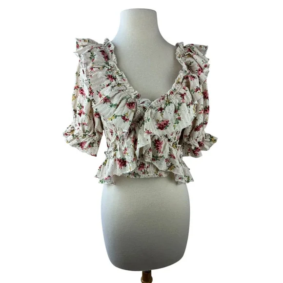 Free People Favorite Girl Top Romantic Floral Ruffle Smocked Boho Cottagecore Sm - Picture 2 of 16